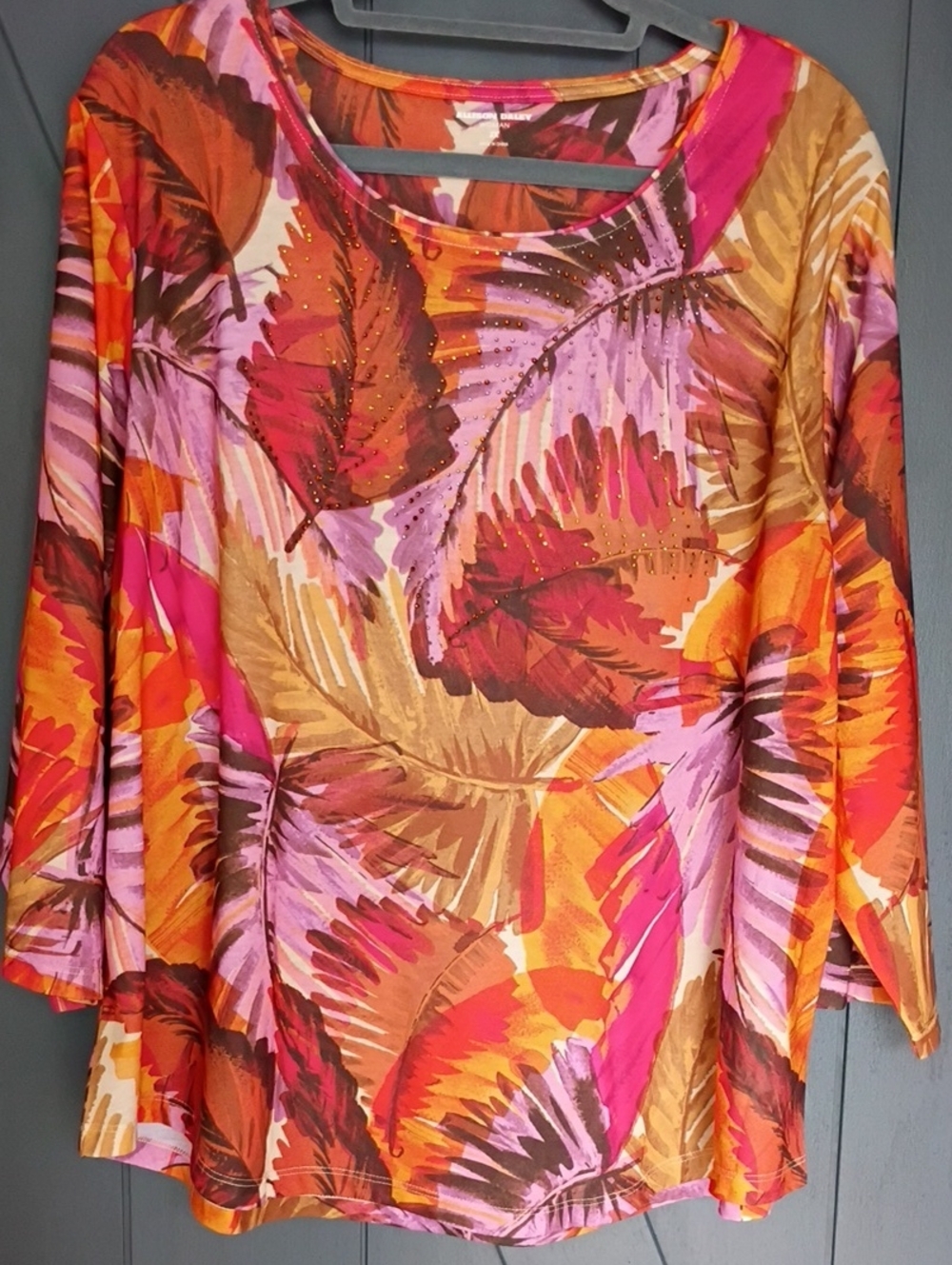 Allison Daley Multicolor Leaf-Print Long Sleeve Top — Pink, Orange & Brown
